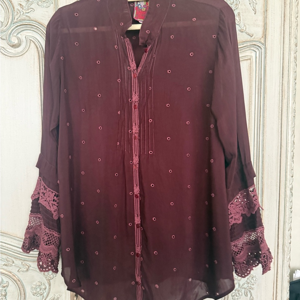 Johnny Was Deep Burgundy Blouse with Crochet Accents
